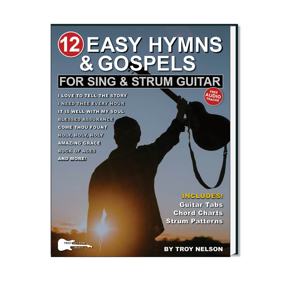 Image of a guitar with a hymns and gospels theme book cover