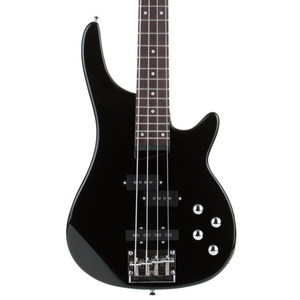 Black electric bass guitar on a white background