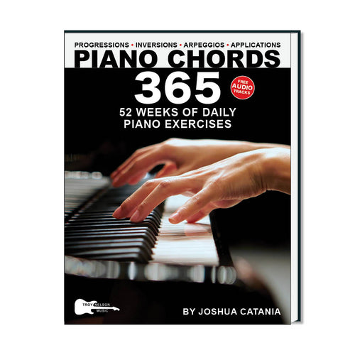 Book titled 'Piano Chords 365' with a cover showing hands on a piano.