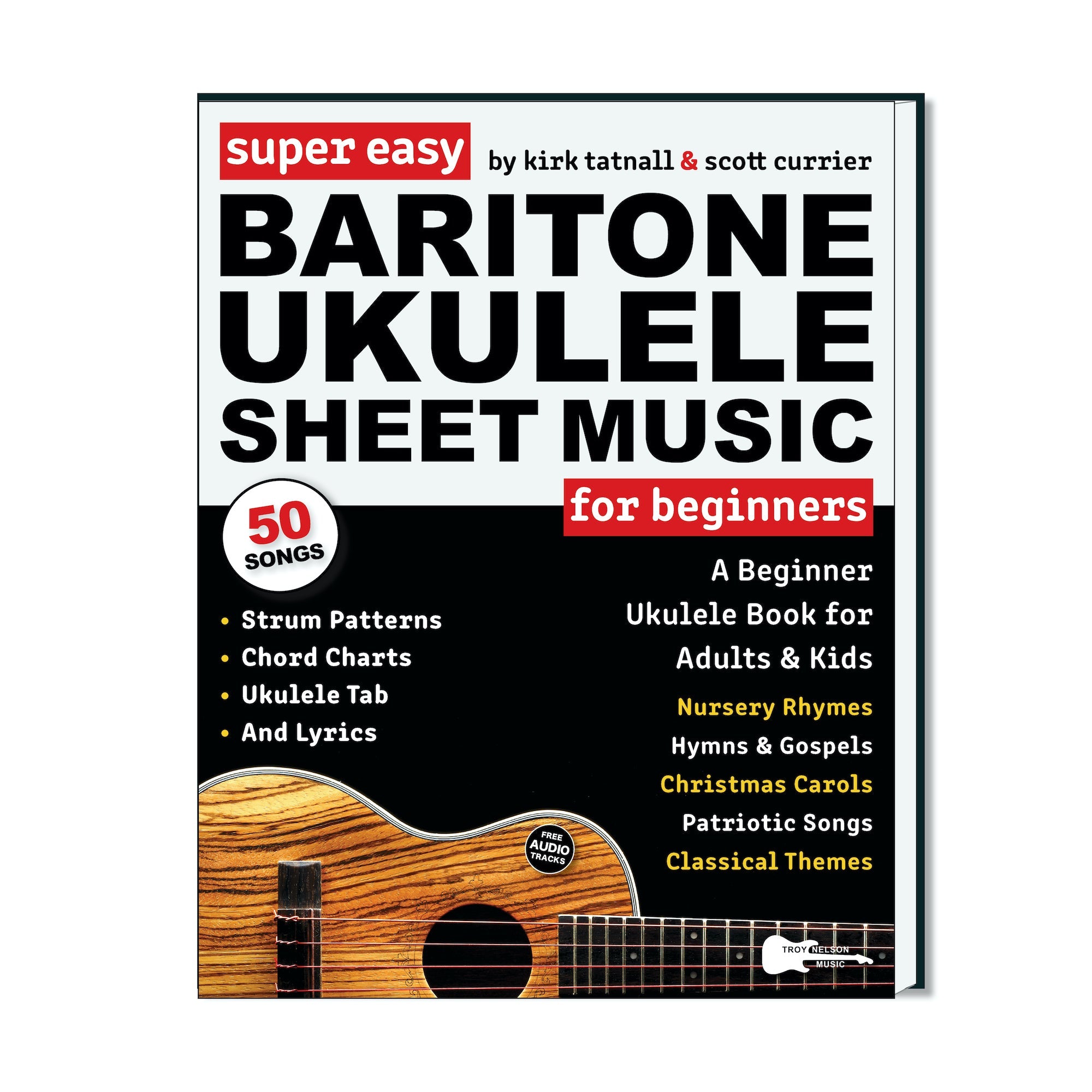 Image of a baritone ukulele on a book cover with sheet music